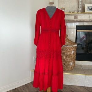 Chicwish Boho Maxi Button Down Crochet Embroidered Dress in Vibrant Red Size M